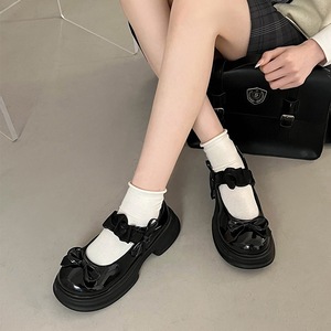 女性用軽量バレエシューズ黒パテントレザーシングルトウプラットフォーム厚手ヒール浅口カットフレンチメアリージェーンサンシリーズ