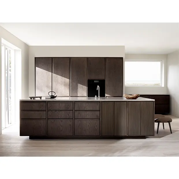 Ready to assemble Luxury New Island Wooden Kitchen Furniture High End Contemporary Wood Veneer Kitchen Cabinets