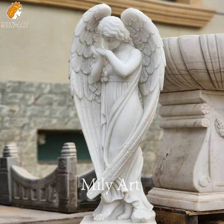 A grandezza naturale in marmo intagliato grandi ali in marmo statua del monumento in pietra tombale del cimitero angelo triste