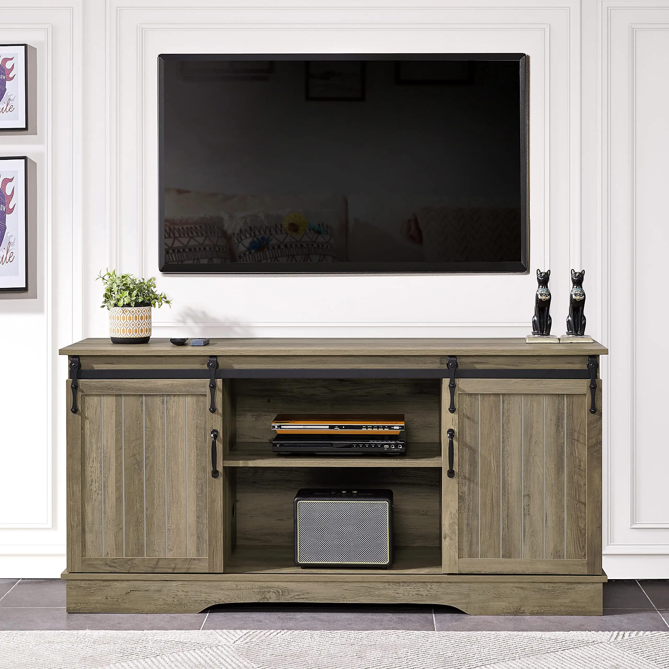 TV suporte para TV max 65 polegadas com porta de celeiro deslizante, 58 polegadas farmhouse media entertainment center armazenamento tv console tabela