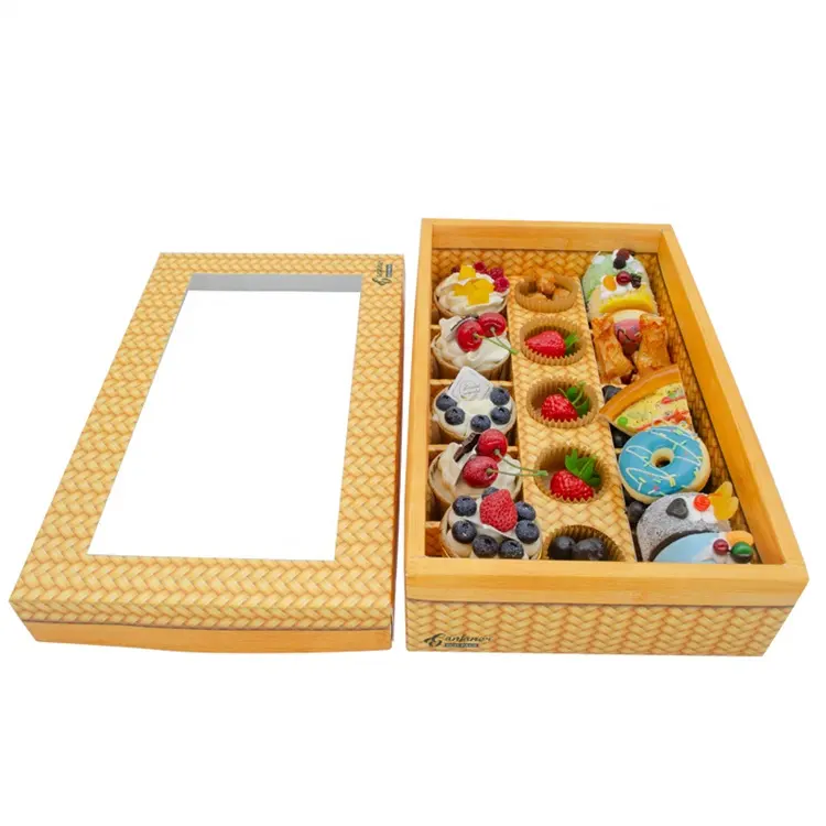 Custom Desserts Cookie Pastry Rectangular Bamboo Weaving Pattern Takeaway Food Packaging Picnic Paper Box With Window