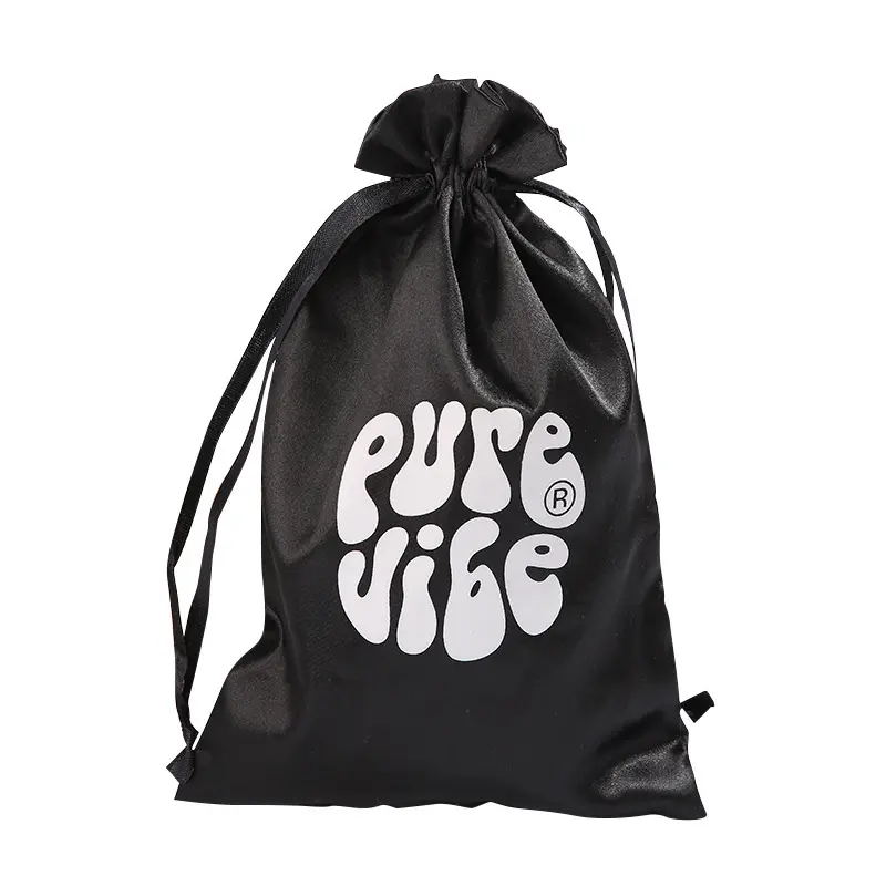 Sac à cordon en satin noir logo personnalisé sac d'emballage de poussière de lingerie de soutien-gorge