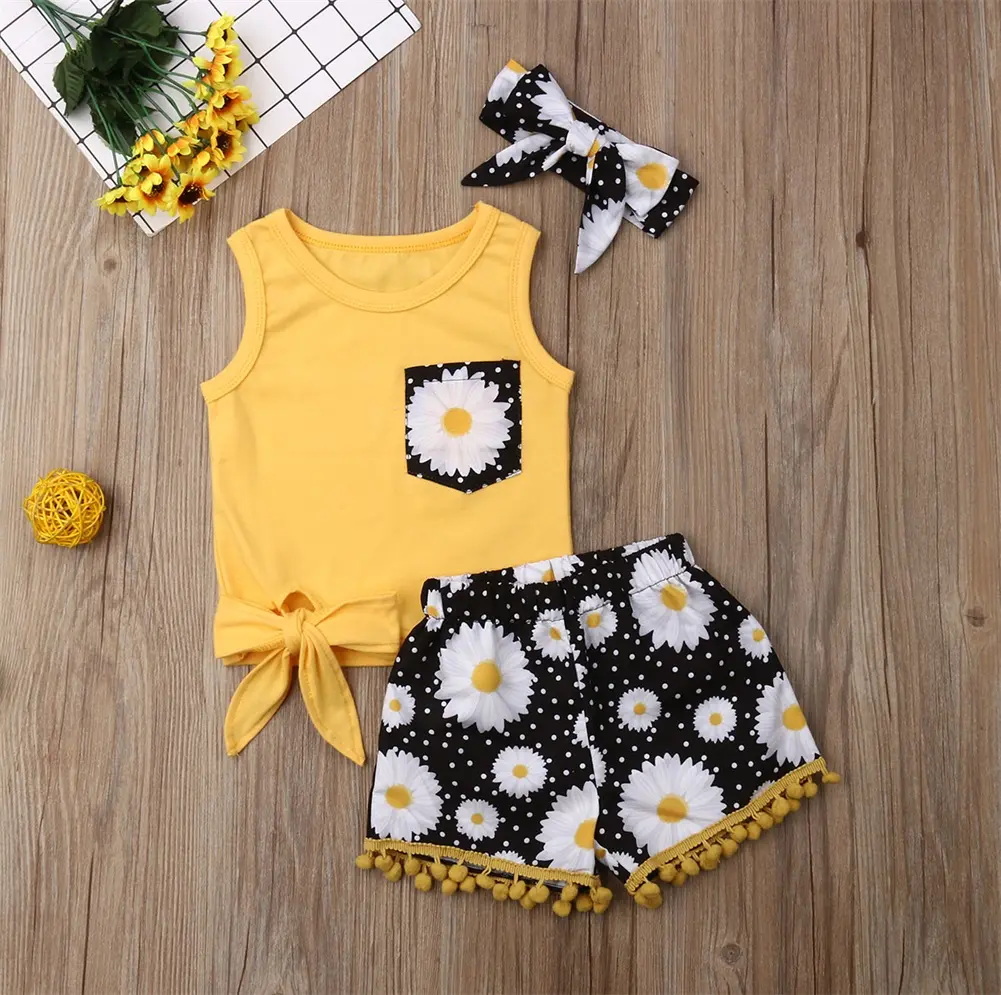 Niños casuales ropa amarillo Tops sin mangas camiseta Floral pantalones cortos sombreros 3 piezas trajes conjuntos niños ropa