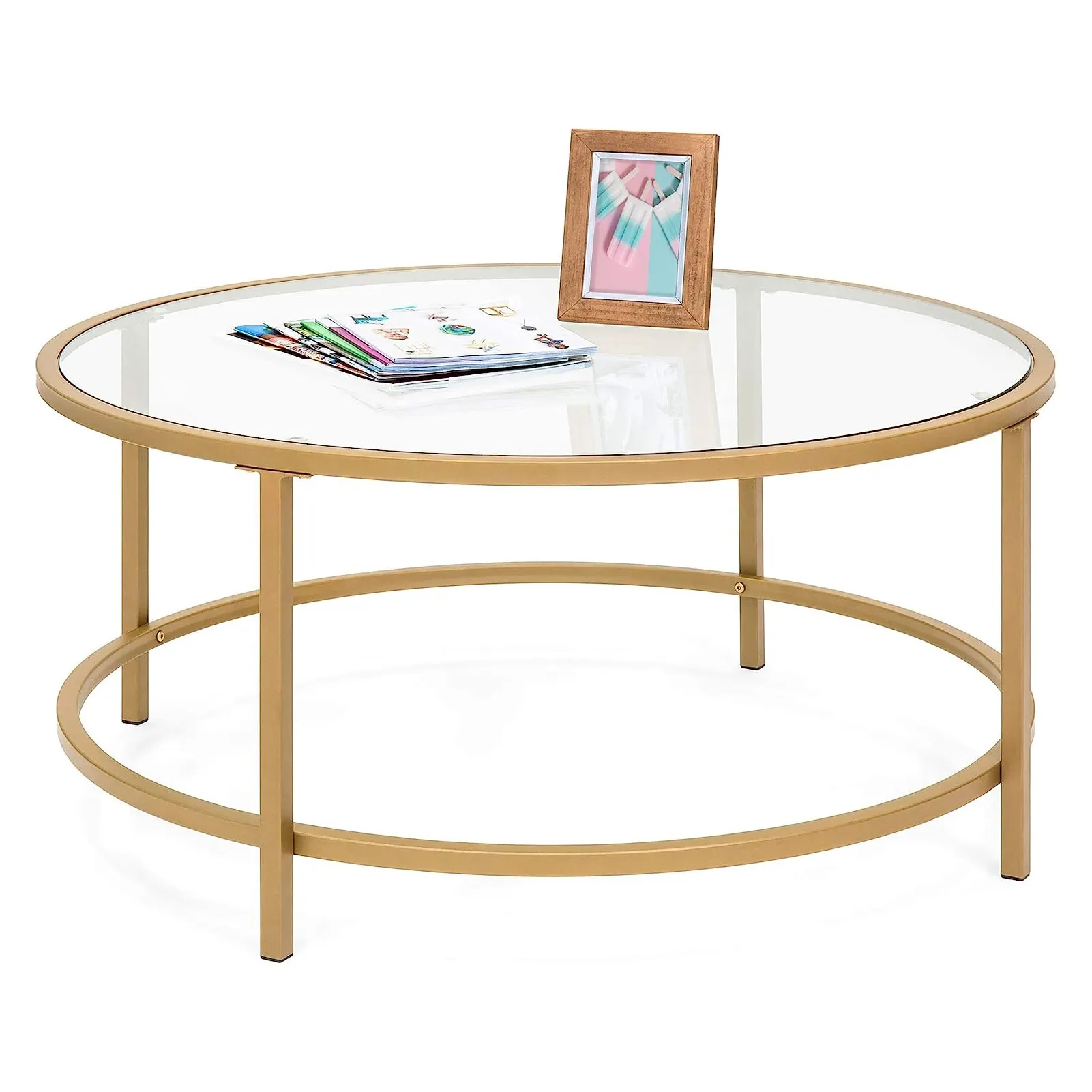 36in Modern Round Tempered Glass Accent Side Coffee Table for Living Room Dining Room Tea Home Decor w/Satin Trim Metal Frame