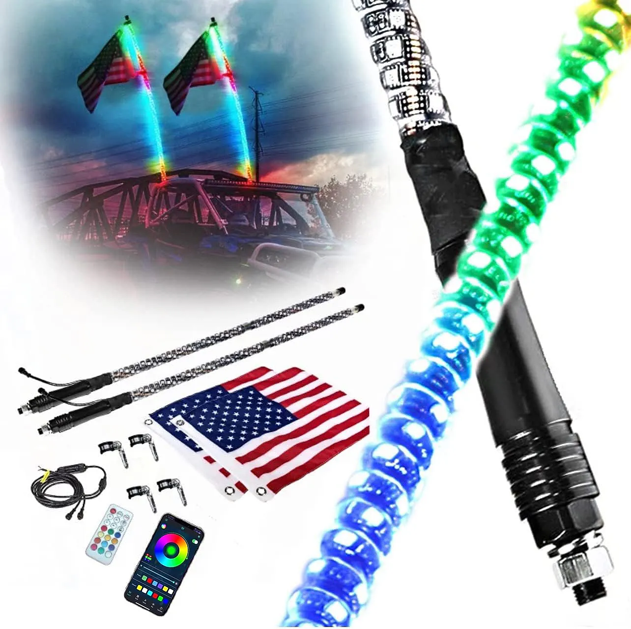 OEM/ODM ATV UTV รถบรรทุกออฟโร้ด 2ft 3ft 4ft 5ft 6ft RGB สีแส้ไฟ Led แส้ไฟเปลี่ยนรถ flagpole ไฟธง