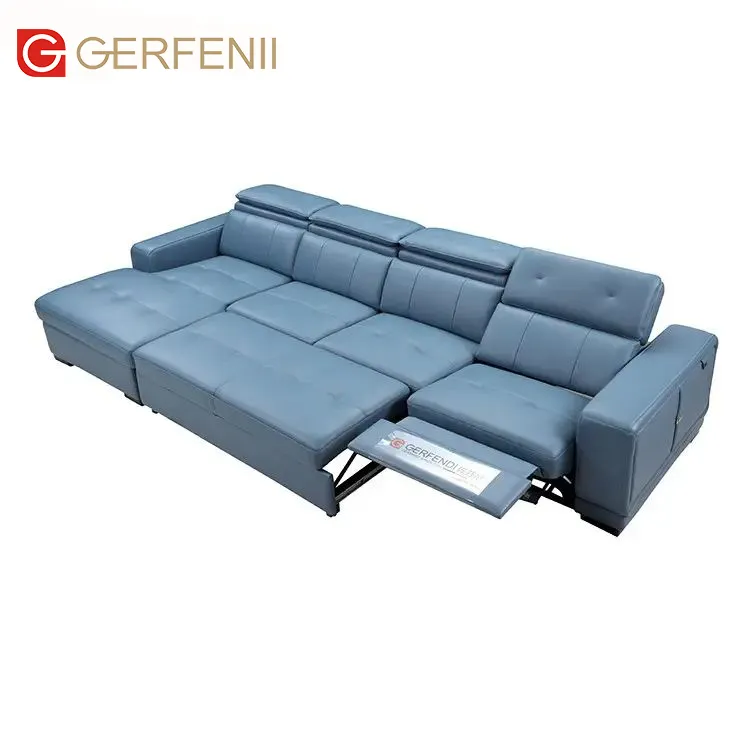 Modern L Shape Leather Sectional Sofá Funcional Sala de couro reclinável azul Sofá Cum Bed Recliner Corner Sofa