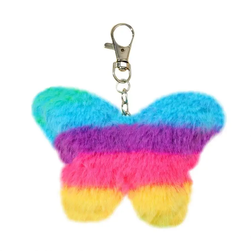 Colorido linda borboleta em forma chaveiro brinquedo de pelúcia bonito pom pom chaveiro arco-íris fofo pele bola borboleta pingente saco charme