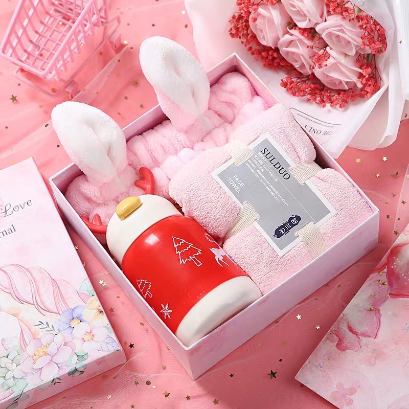 package 2-pink towel-pink hair band-red antler cup