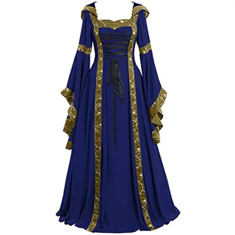 Ecoparty vestido renascentista feminino, vestido com capuz medieval vintage, lace up, vestido gótico, fantasia de cosplay, 2022