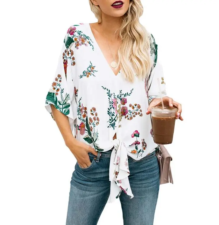 Blusa feminina estampada com decote em v, camisa para mulheres, manga kimono e decote em v, gravata frontal, 100 peças