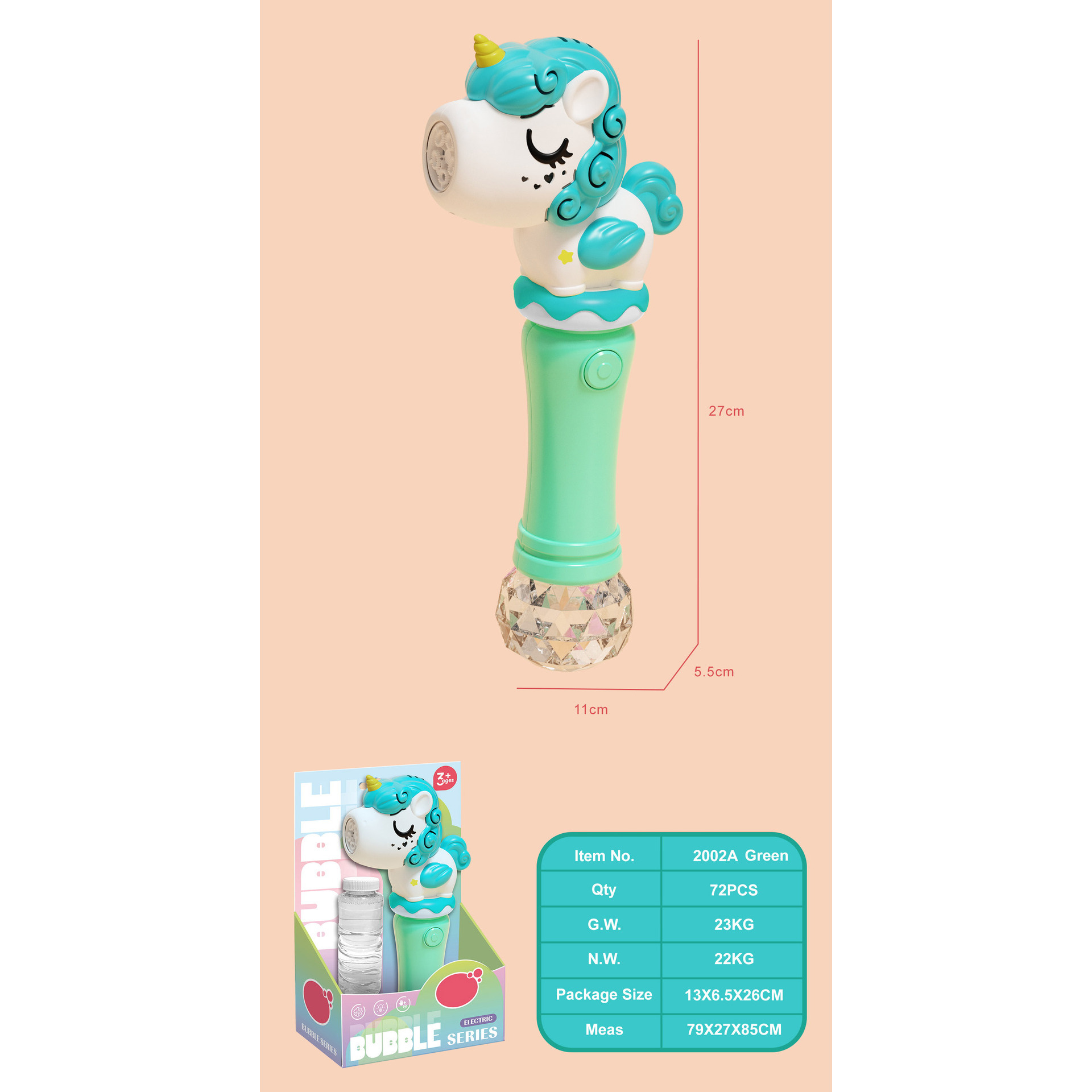Green Unicorn Bubble Stick 120ml Water * 1 Display Box