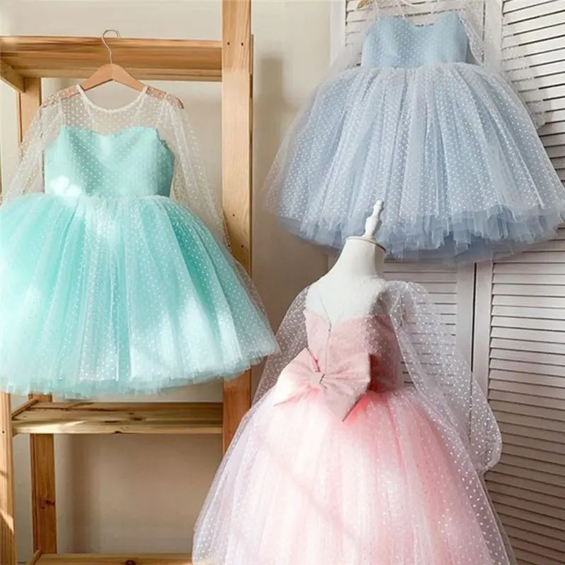 Vestido de novia para niños, vestido de tutú de cumpleaños de rendimiento de manga larga de encaje de lunares para niñas