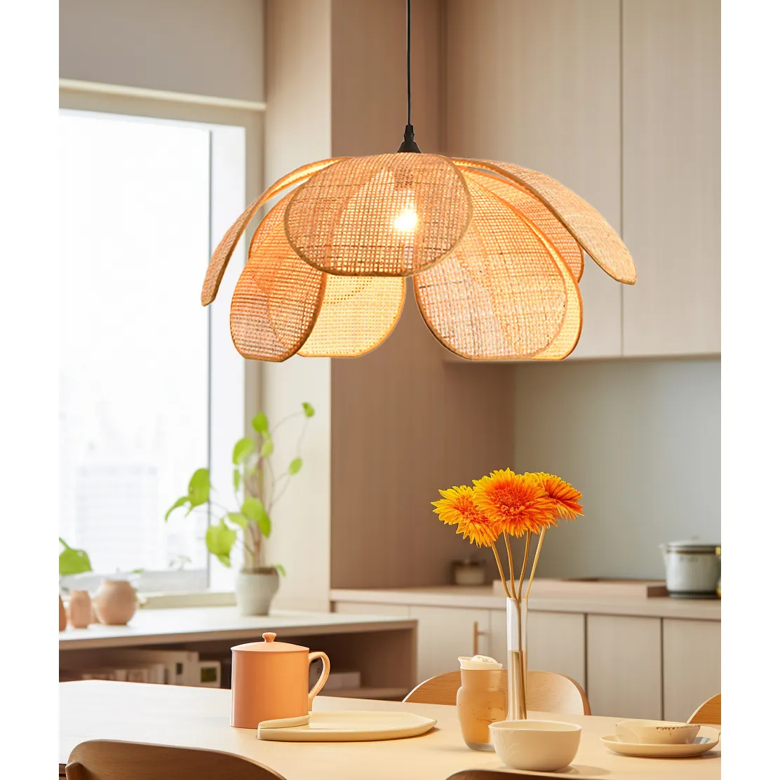 Aanpassen Natuurlijke Handgemaakte Hangende Lamp Grote Bamboe Rotan Weven Bloemblad Hanglamp