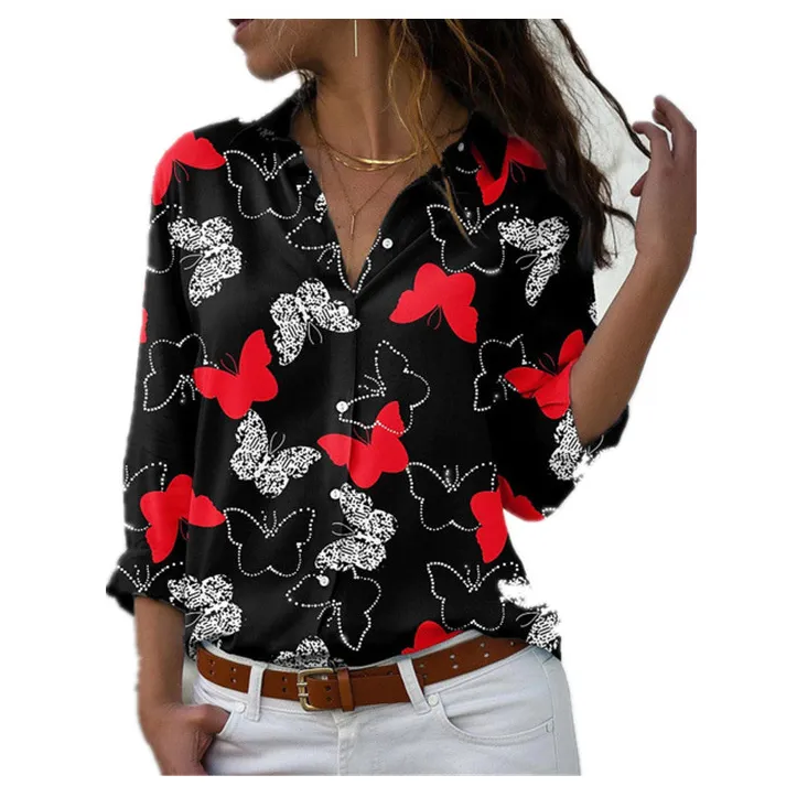 Blusa de chifón con estampado de mariposas para mujer, elegante camisa de manga larga a la moda para mujer, con estampado de flores, talla grande 5XL, 2022