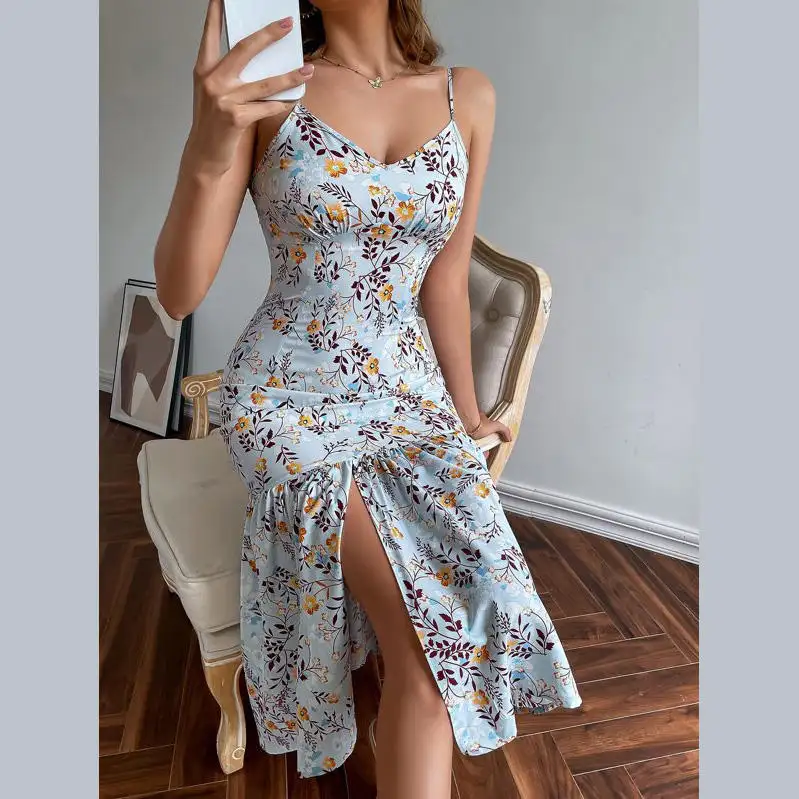 Vestido longo de cordão, vestido de verão de uma peça para mulheres vestido com fenda e babados, manga longa floral com estampa