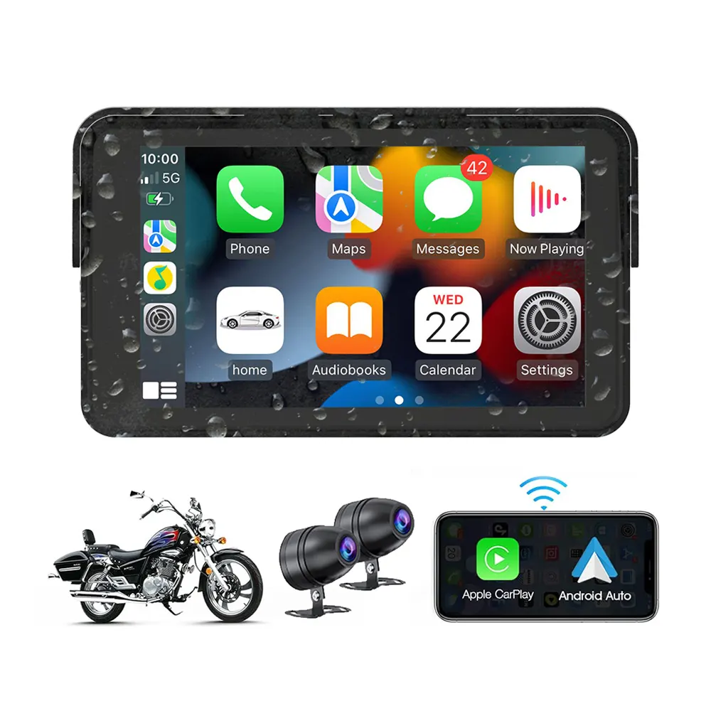 Motocicleta sem fio Carplay 7 polegadas Navegador GPS impermeável com 2 câmeras HD Motocicleta DVR Karadar MT7001 Carplay Motocicleta