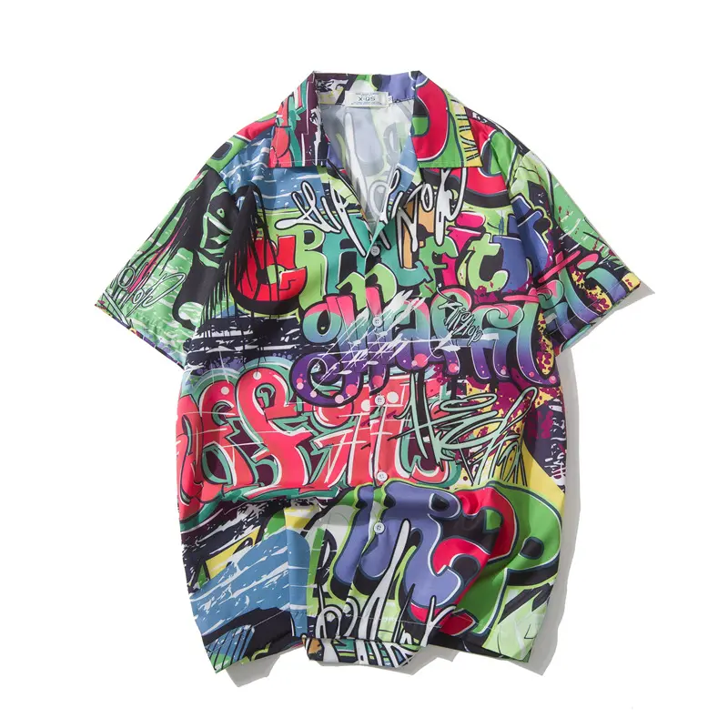 Blusa Hawaiana de talla grande para hombre, blusa holgada estilo Hip Hop con estampado de grafiti
