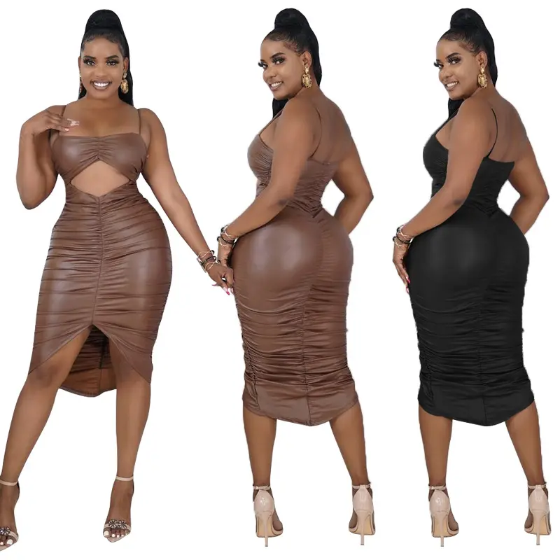 Rücken loses Schnüren Pu Leder Ärmelloses Bodycon Midi Kleid Frauen 2022 Freizeit kleidung Für Sexy Party Leder kleid