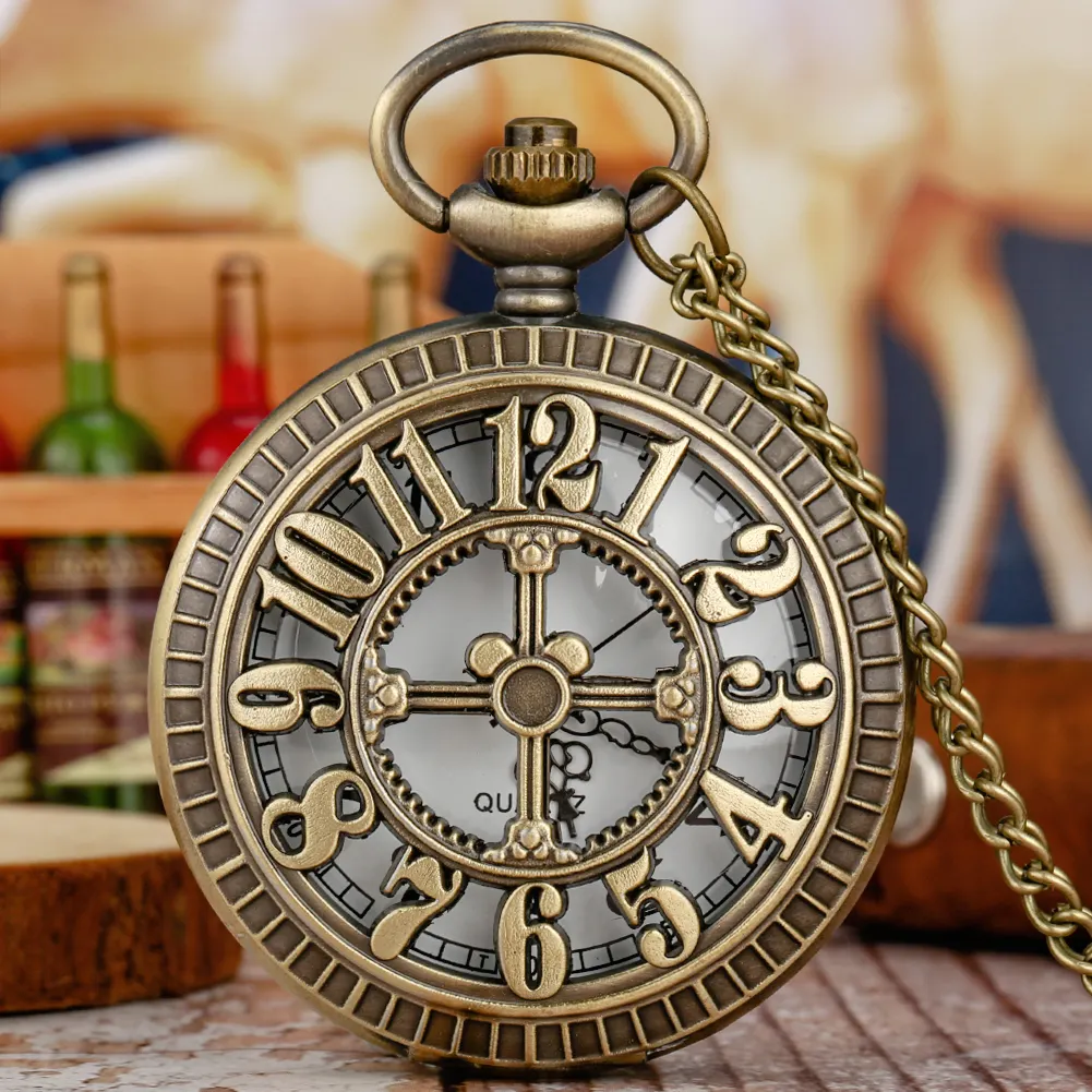 Numerais árabes Exibição Hollow Frame Metal Retro Colar Cadeia Fob Relógio Quartz Pocket Watch