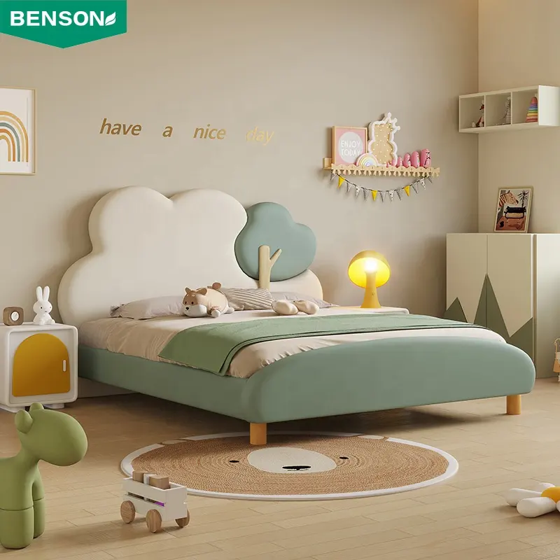 Juego de cama con marco de madera maciza de cuero para dormitorio, bonito mueble de cama cómodo con diseño de árbol de dibujos animados para niños