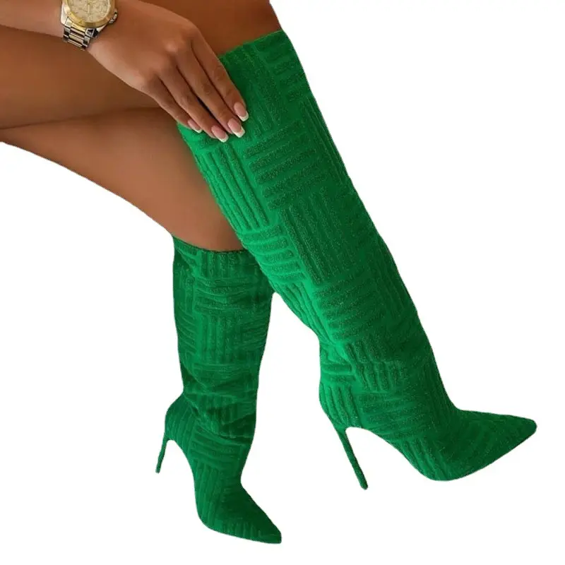 Botas de punto para mujer por encima de la rodilla, Zapatos altos hasta el muslo, diseño de toalla, color caramelo, moda de invierno S372