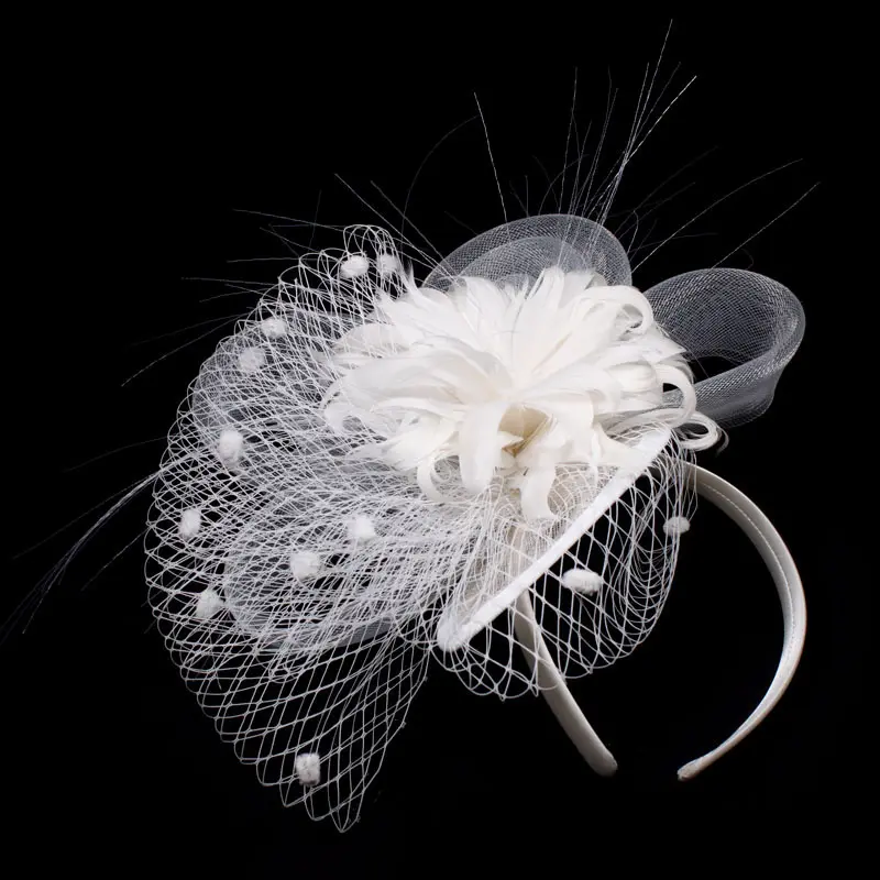 Royal ladies white feather lace sinamay custom made fascinators hair accessories party wedding church hairband for women
