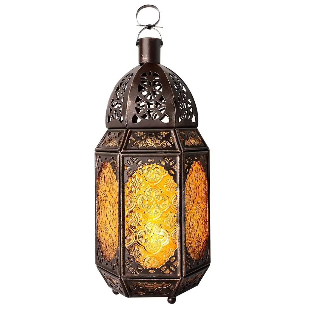 Lewondr Metal Glass Candle Lantern, Moroccan Style Portable Candle Holder Pavilion Shape Decorative Hanging Lamp Wind Lantern