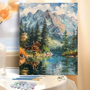 ชุดภาพเขียนสีน้ำมันดิจิตอลสมัยใหม่แบบ DIY 1ชิ้น40x50cm-16x20in ภูมิทัศน์ของกระท่อมบนภูเขาสำหรับตกแต่งบ้านกรอบสำหรับผู้ใหญ่ - Product Image 5