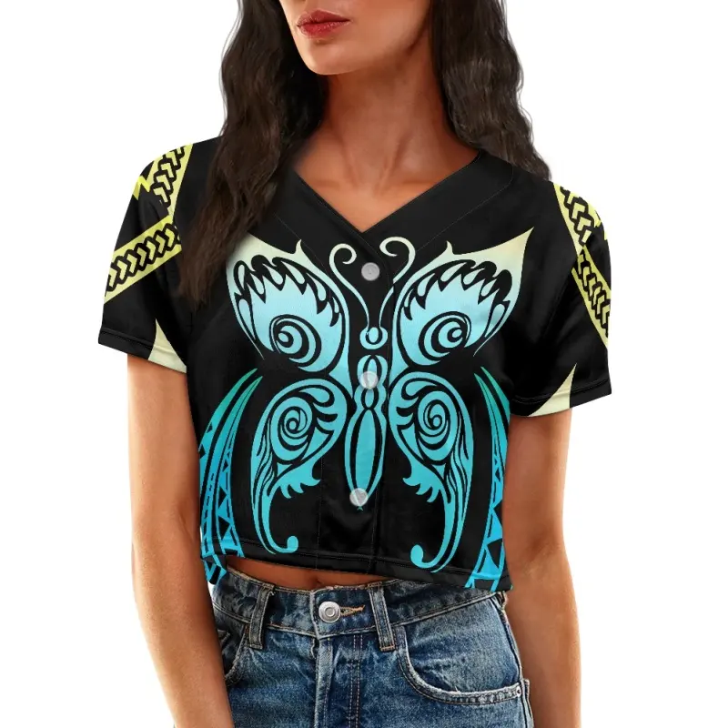 Luxury New Product Custom Polynesian Butterfly Sublimation Crop Style Baseball Jersey for Women Button Design V Neck Wholesale