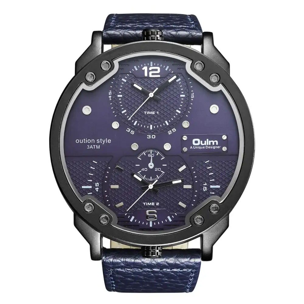 Ouulm — montre quartz pour hommes, bleu, 3548M, bon marché, bracelet en cuir véritable, double temps, 3 cadrans, montre d'affaires