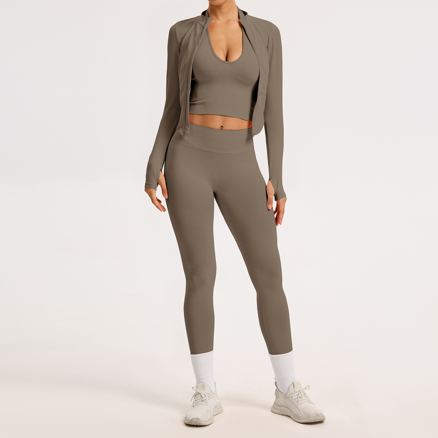 Khaki coat+bra+pants