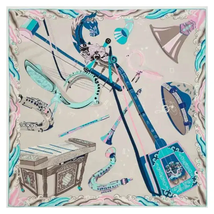 Foulard en soie à impression numérique OEM avec divers instruments de musique Foulard Designers Head 100% Foulards en satin de soie personnalisés