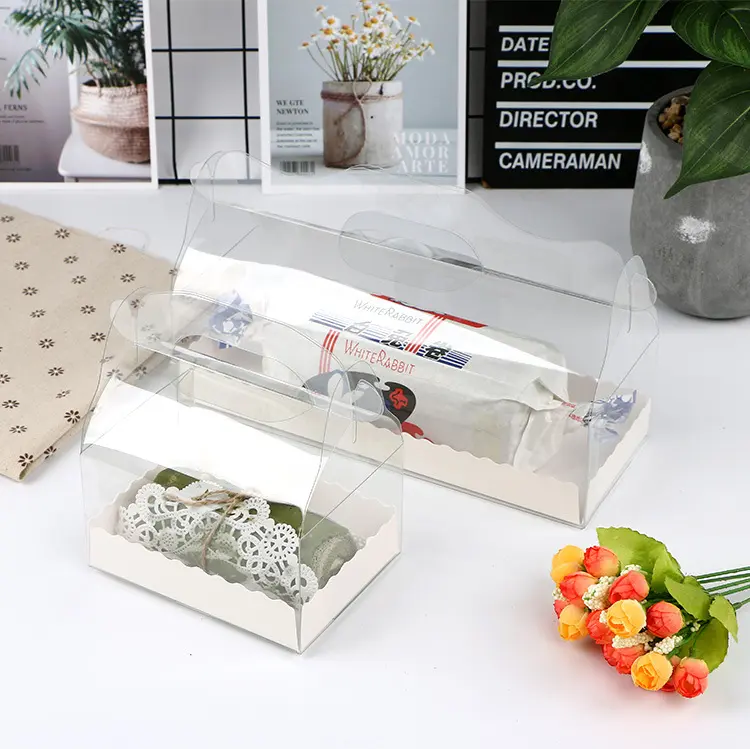 Plástico PET pastelaria portátil transparente Swiss cake roll embalagem caixa Caixa de biscoito cozimento com alça