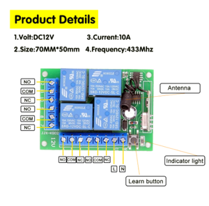 Interruttore di controllo remoto Wireless universale 433 Mhz DC 12V 10A modulo ricevitore relè 4CH e trasmettitore remoto RF 433 mhz a 4 canali - Product Image 3