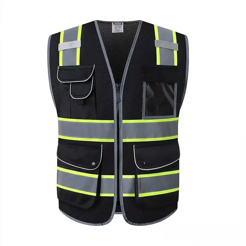 Chaleco DE SEGURIDAD negro de alta visibilidad, chaqueta reflectante, venta al por mayor, chaleco de alta visibilidad de seguridad para trabajadores viales con 3 rayas reflectantes