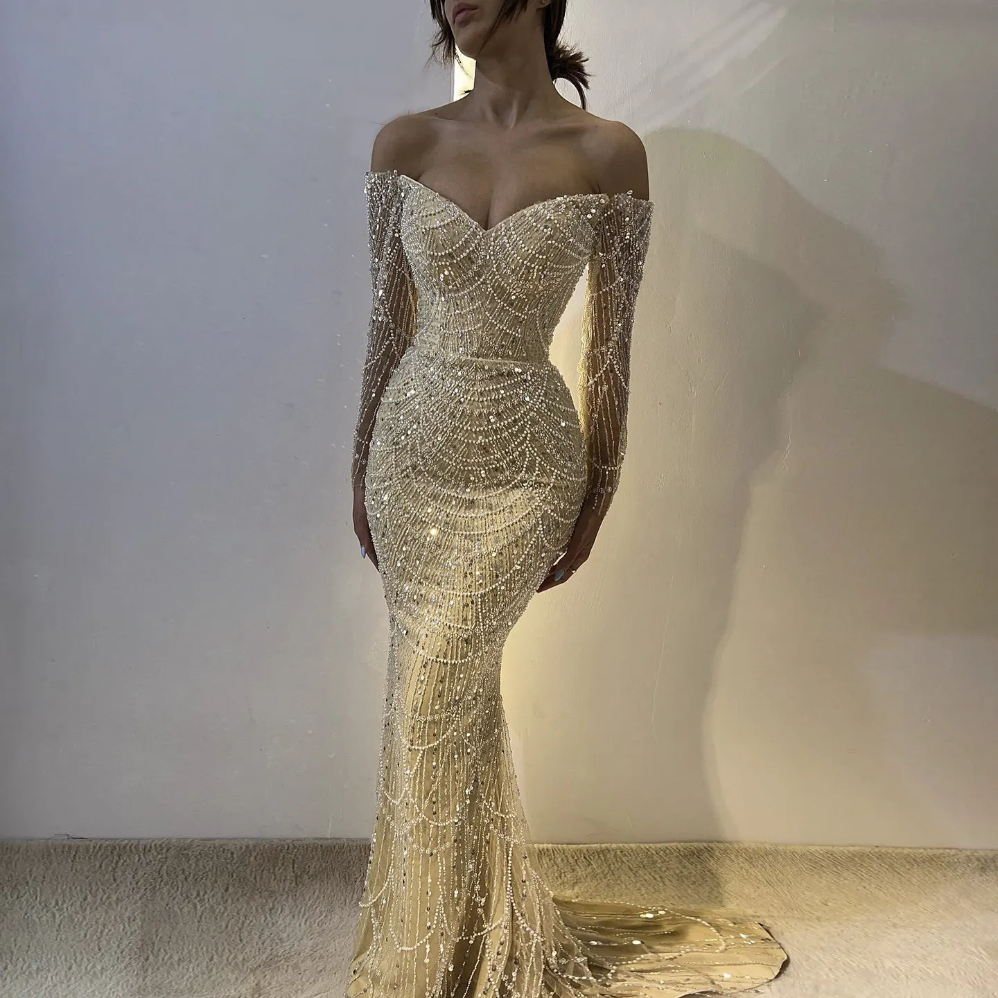 Elegante fuera del hombro sirena lujo Dubai vestido de noche 2024 para mujeres vestidos de fiesta de boda manga larga Sz309