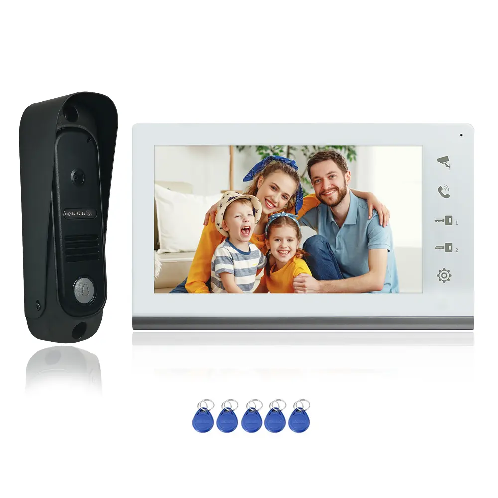 VIDEW Bel Pintu Video 7 Inci, Sistem Interkom Video Berkabel dengan Penglihatan Malam Inframerah IP65 Kamera Tahan Hujan Buka Kunci RFID Interkom 2 Arah