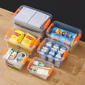 Contenedor de plástico con tapa de seguridad y hebillas de enganche, organizador transparente y duradero, caja de almacenamiento de bañera