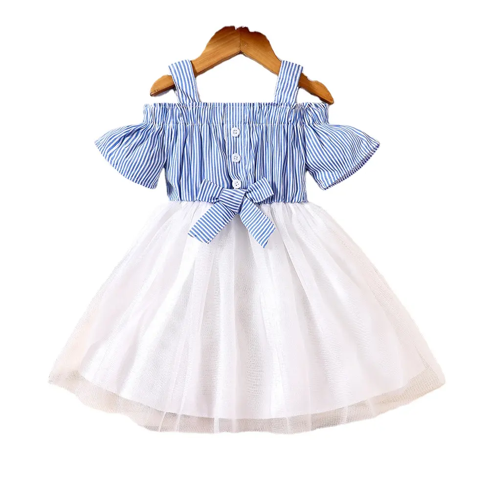 2023 Детская Новая летняя юбка Полосатое Сетчатое платье принцессы с бантом