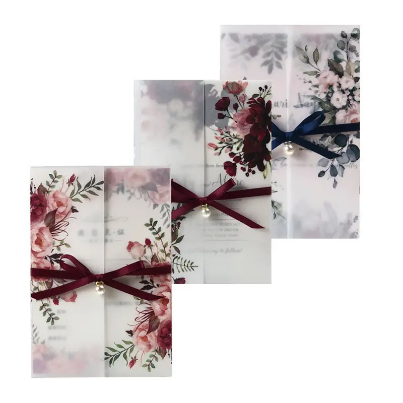 5 x 7 Inch Burgundy flower translucent vellum paper printing wedding invitation card with envelope