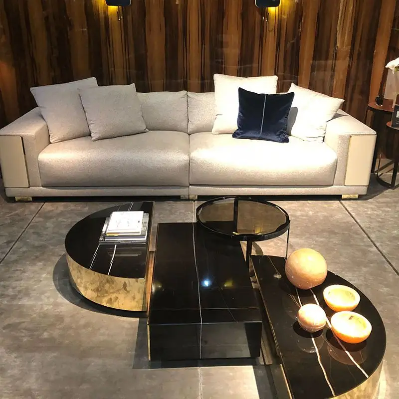 Mesa de té Seccional de metal dorado de lujo, mesa de centro moderna de mármol para sala de estar