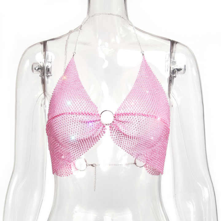 W5195 Hot Women Camis Nightclub Party Sparkly Crystal Rhinestone Metal Chain Halter drappeggiato Bra Crop Top Strap Tube canotta Sexy