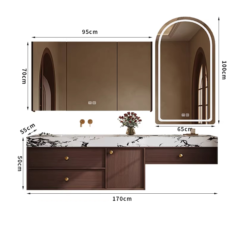 170cm smart mirror cabinet, seamless quartz stone basin