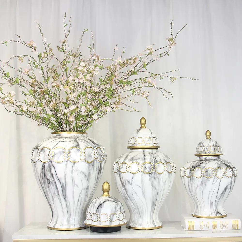 J233 Luxe Keramische Marmeren Vaas Sets Bruiloft Decoratie Witte Gember Pot Met Gouden Ring Ontwerp Tafel Decor Voor Thuis