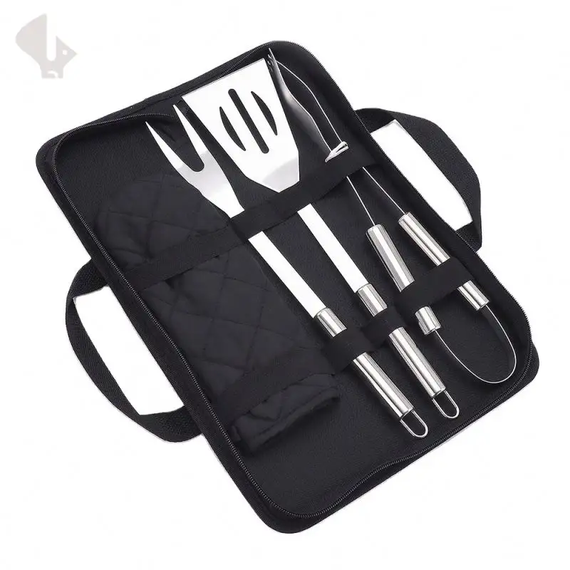 Outdoor Camping 4pcs BBQ Tools Set Barbecue Set Oxford Bag Stainless Steel Accessories Barbecue