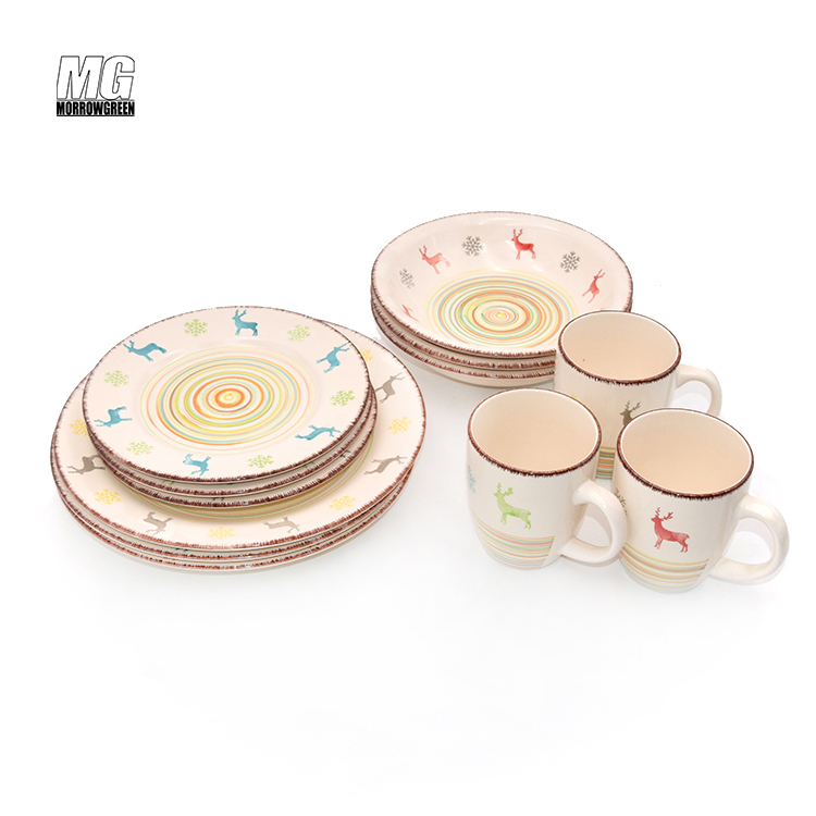 Wholesale tableware stamp custom logo pattern ceramic dinnerware porcelain dinner set with deer pattern