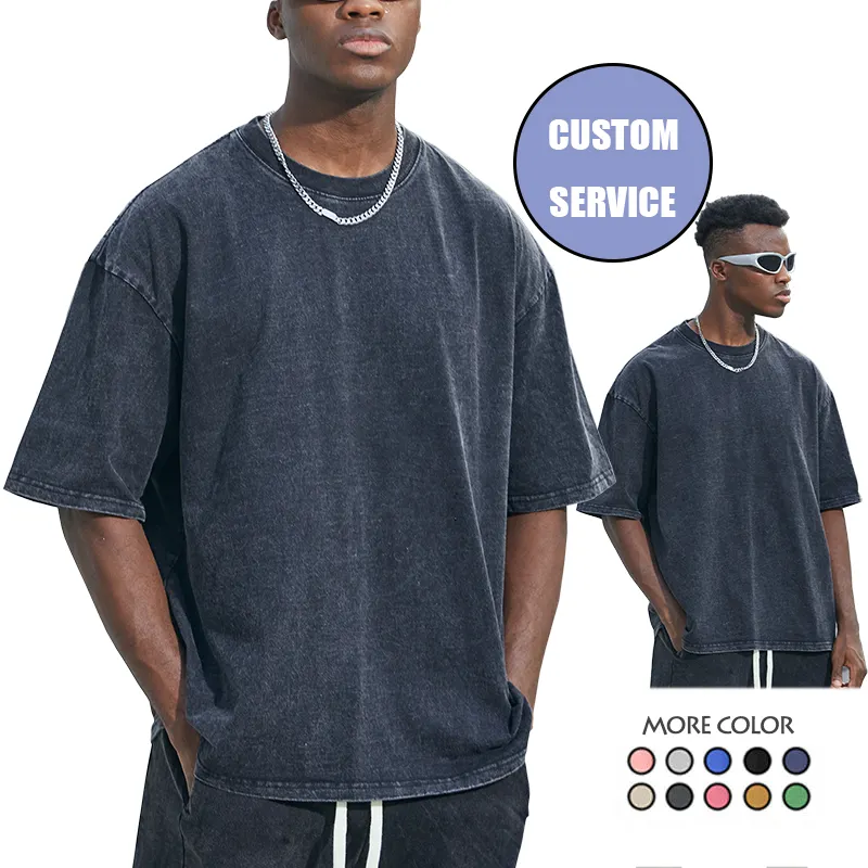 Kaus pria vintage cuci asam katun 240gsm kualitas tinggi kaus bahu drop ukuran besar pakaian jalanan kustom