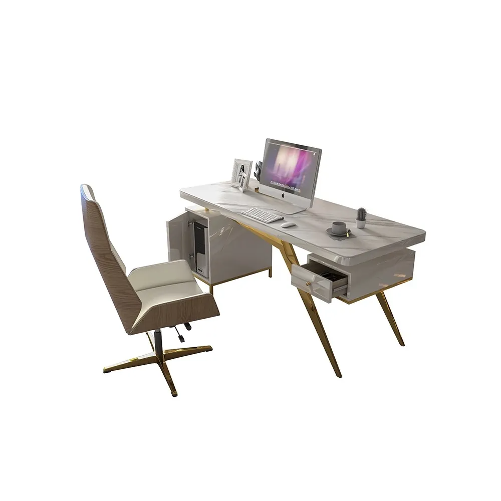 Estación de trabajo moderna de alto brillo, muebles de oficina en forma de L para el hogar, mesa de gerente, escritorio de oficina blanco con parte superior de piedra