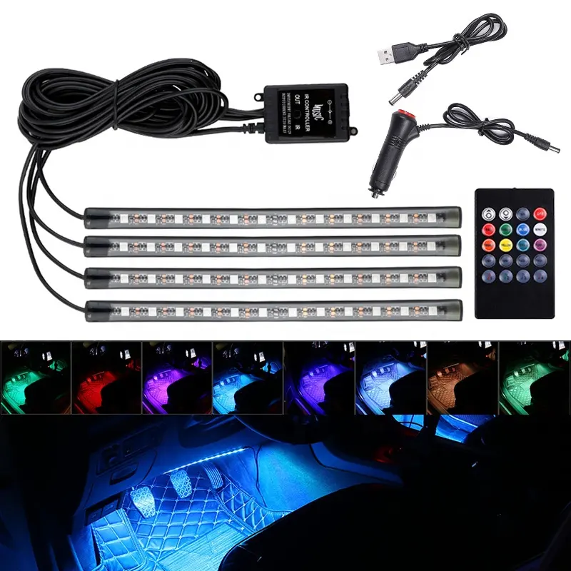 Tira de luces LED para el Interior del coche, accesorio de 12LED, 18LED, sincronización de música, IP68, de silicona, impermeable, RGB, Flexible, 4 unidades, 5050