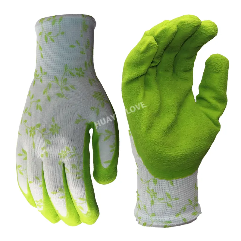 Thorn resistant pruning floral garden gloves breathable green polyester knitted micro foam latex gardening gloves